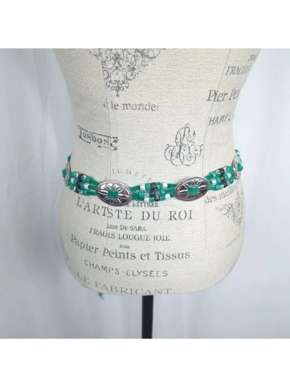 Vintage 80s Green Conch Belt Small Medium Beaded Leather Native